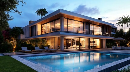 A large, modern house with a pool and lush landscaping.

