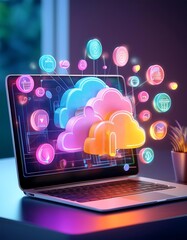 Fototapeta premium Pastel-colored e-learning icons glow on a laptop screen, symbolizing the bright and engaging possibilities of online education.