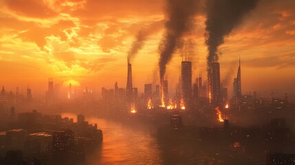 Naklejka premium Futuristic metropolis enveloped in fiery skies, digital streams of carbon emissions weave through the urban landscape, vivid sci-fi illustration