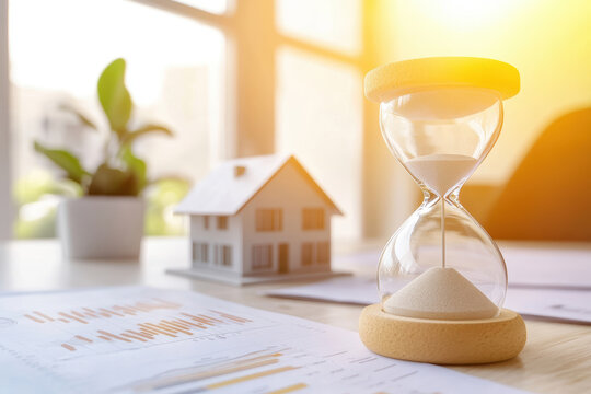 Hourglass and miniature house on financial documents with sunlight