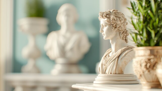 Antique Elegance in Modern Spaces, A 3D illustration featuring detailed close-ups of Apollo and Doryphoros statues amidst an artfully blurred interior backdrop.