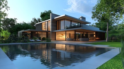 Fototapeta premium A large, modern house with a pool and lush landscaping.