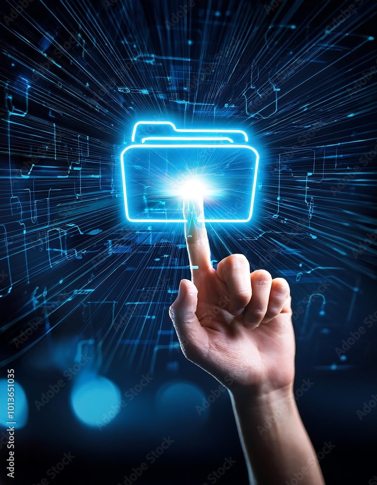 Poster the future of data management is represented by a finger touching a glowing folder icon, showcasing 