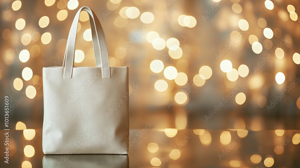 Poster stylish white tote bag stands elegantly on shiny surface, illuminated by soft bokeh lights in backgr