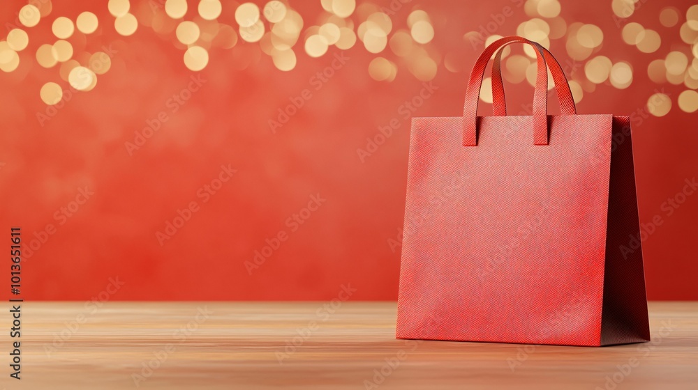 Poster elegant red shopping bag on wooden surface with soft bokeh background, creating warm and inviting at