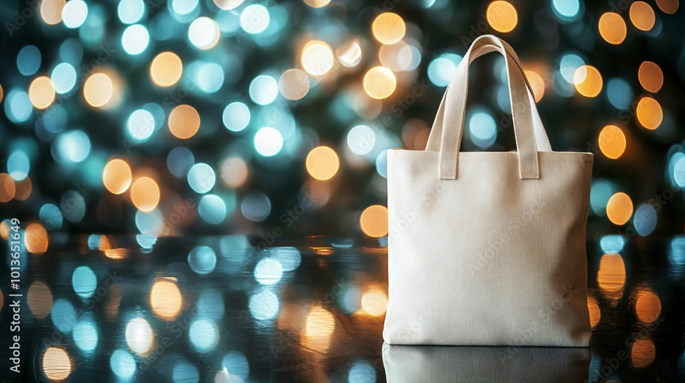 Poster white tote bag stands elegantly on shiny surface, illuminated by beautiful bokeh lights in backgroun