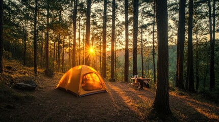 Camping in the pine forest at sunset