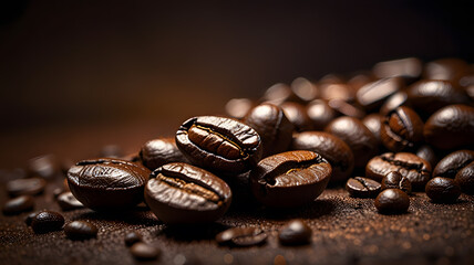 A detailed close-up of roasted coffee beans scattered on a dark surface, highlighting their texture...