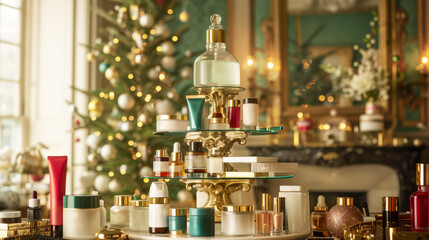 An elegant Christmas tree made from various skincare and makeup products, including serums, lipsticks, and face masks