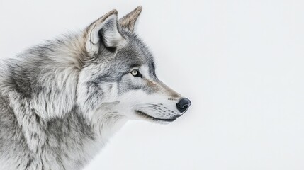 Obraz premium A wolf profile, highlighting its sharp ears and focused eyes, on a simple white background, perfect for nature and wildlife concepts.