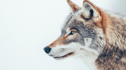 Obraz premium A wolf profile, highlighting its sharp ears and focused eyes, on a simple white background, perfect for nature and wildlife concepts.