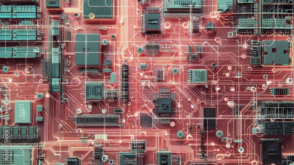 Poster close-up of a red circuit board with glowing traces