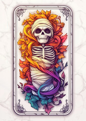 Skeleton wrapped in colorful autumn leaves.