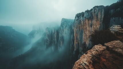 Dramatic, jagged mountain cliffs standing tall above a misty valley, creating a mysterious and serene atmosphere.