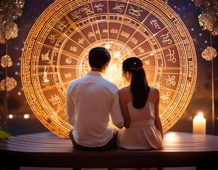 A couple sits against a backdrop of the zodiac wheel, signifying their belief in astrology and the celestial connection they share