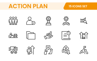 Line icons about action plan. Contains such icons as search strategy, target, scheme, timeline and workflow.Action plan set of web icons in line style. Strategy action planning icons.