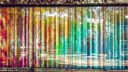 Abstract View Through Multicolored Glass Panels with Tree Reflections