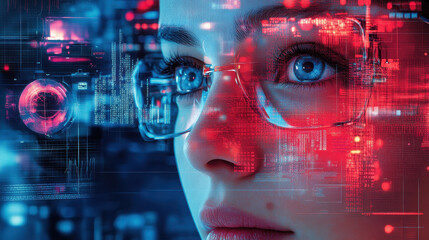 A captivating portrait of a woman with glasses, surrounded by glowing digital elements and vibrant colors, evoking themes of technology and innovation