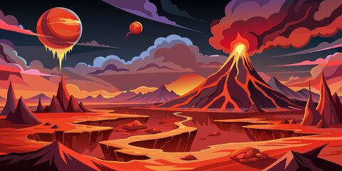 Volcanic Planet Landscape with Lava Rivers and Blood-Red Sky
