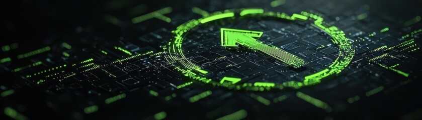 Futuristic digital interface with green arrow on dark background, symbolizing progress and technology.