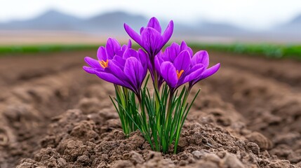 Obraz premium Vibrant Purple Crocus Flowers in Spring Landscape