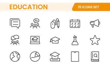 Education line icons collection. Big UI icon set in a flat design. Thin outline icons pack. Thin line icons set of academic subjects and education. Outline symbol collection.