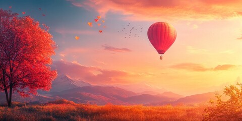 Obraz premium Red hot air balloon flying over a mountain range at sunset with an autumn tree in the foreground.