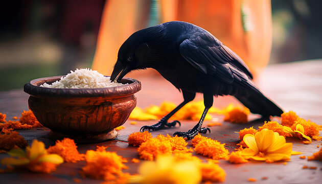 A crow eats rice offerings during the Pitru Paksha ritual, representing ancestral feeding.