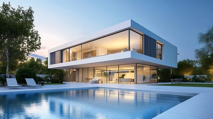 A large, modern house with a pool and lush landscaping.

