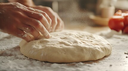 Fototapeta premium Close-up shots of hands kneading and stretching pizza dough on a floured surface, highlighting the tactile and hands-on nature of the dough preparation process