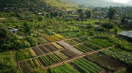 Aerial View of a Rural Village with Farmland and Houses