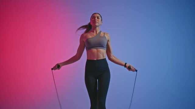 Serious fitness woman jumping in neon club. Female athlete using skipping rope