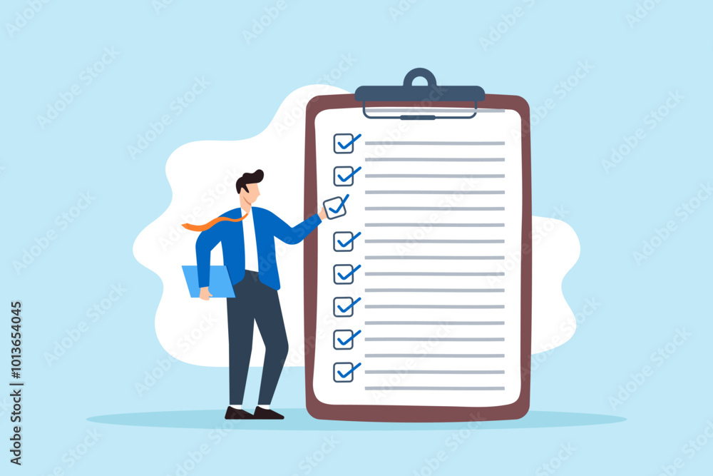Poster flat illustration of businessman puts tick on complete checklist on paper clipboard marking task com