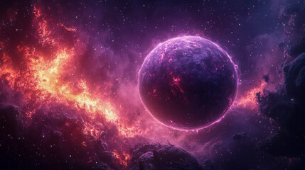A surreal purple planet with fiery nebulae, glowing with a molten core, set in a distant galaxy