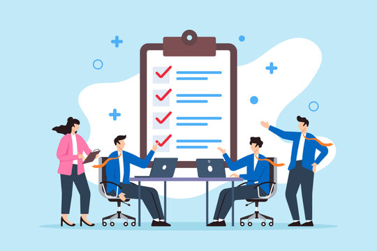 Flat illustration of business people meeting with agenda checklist discussing strategy and teamwork planning