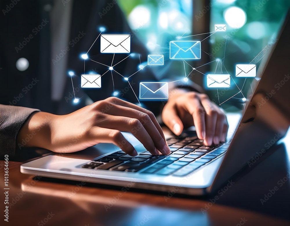 Poster hands type on a laptop keyboard, surrounded by email icons, signifying the interconnectedness of com