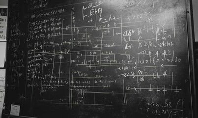 A chalkboard covered in mathematical equations.