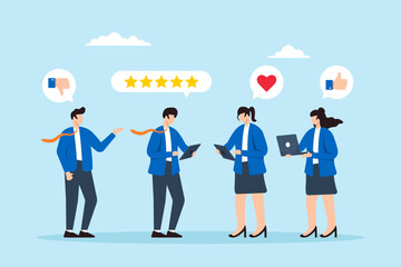 Flat illustration of business people giving feedback and communicating opinions through customer service quality survey