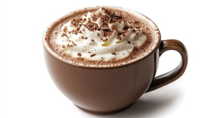 A cozy cup of steaming hot chocolate topped with whipped cream and sprinkled with cocoa powder, isolated on a white background.