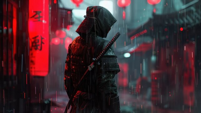 Cyberpunk style shadow ninja with a sword on his back Stunning background AI generated image