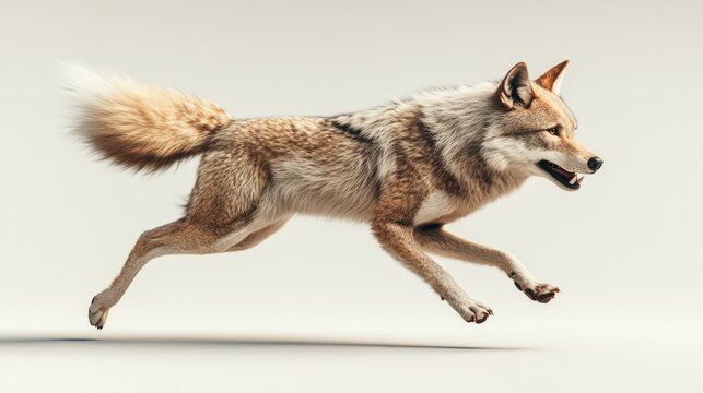 A fierce wolf in motion, running forward with its fur flowing, captured on a plain white background for action or adventure themes.