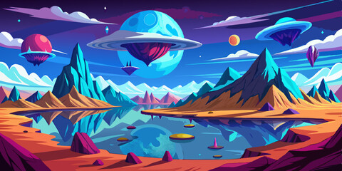 Obraz premium Surreal Landscape with Mountains, Mirrored Lakes, and Planets Vector Illustration 