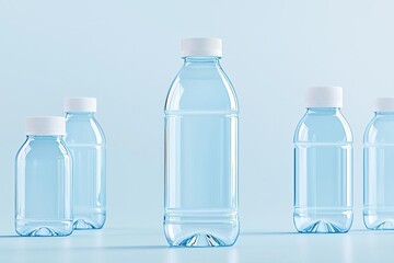 Naklejka premium Close-up 3D render of a PET water bottle with detailed transparency, soft reflections, and smooth shadows on a neutral background, PET bottle, product branding