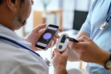 Medical pro connects continuous glucose monitor to smartphone. Patient with obesity, overweight at risk of type 2 diabetes checks blood sugar level in real time. Doctor monitors patient health,