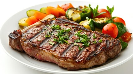 A juicy grilled steak with herbs and a side of vegetables, resting on a white plate with a clean white background, showcasing a classic meal.