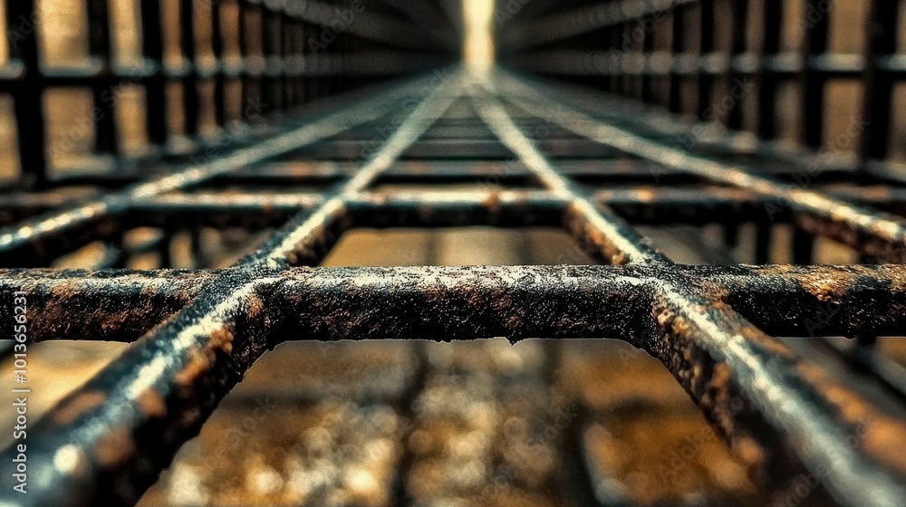 Poster close-up view of a rusty metal grid with a blurry background
