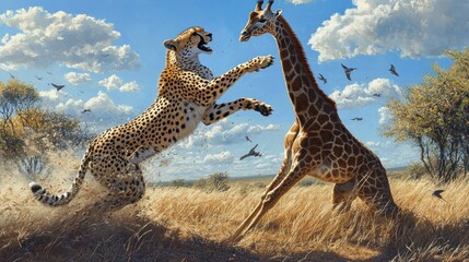 Fototapeta premium A Cheetah Leaping at a Giraffe in a Savanna Setting