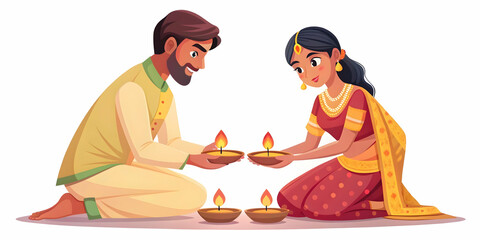 Candid Flat Illustration of a Couple Lighting Diyas for Labh Pancham Celebration, Cozy Room with Traditional D?cor, Warm Glow and Intimate Expressions