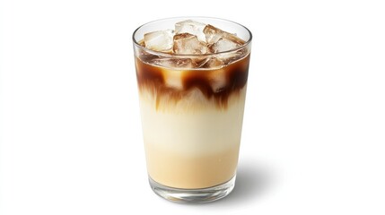 A layered iced latte in a transparent glass, showcasing the mix of coffee and milk, with ice cubes floating on top, set against a white backdrop.