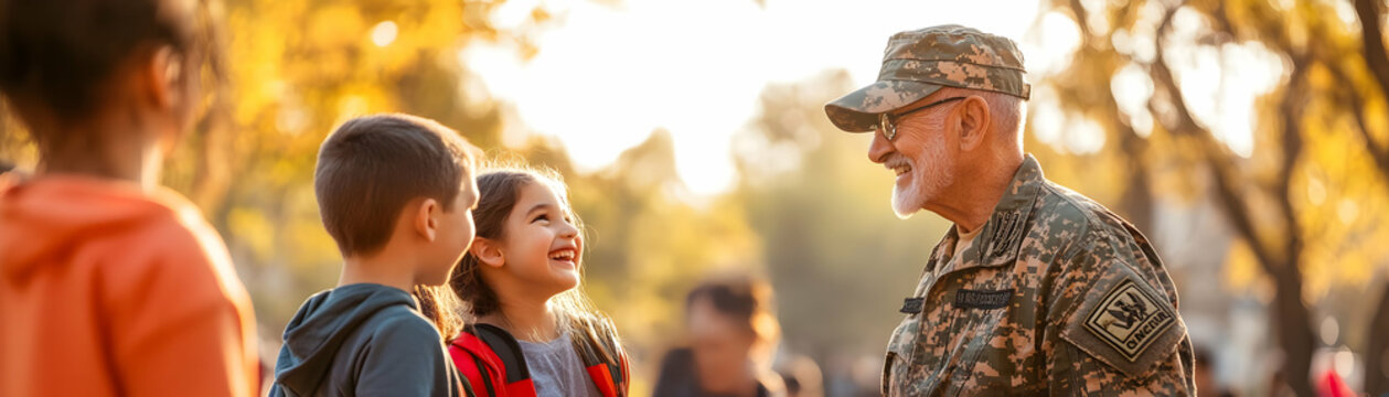 Candid Photograph of Veterans and Children Interacting During a Heartwarming Veterans Day Event - Authentic Moments Captured Between Generations
